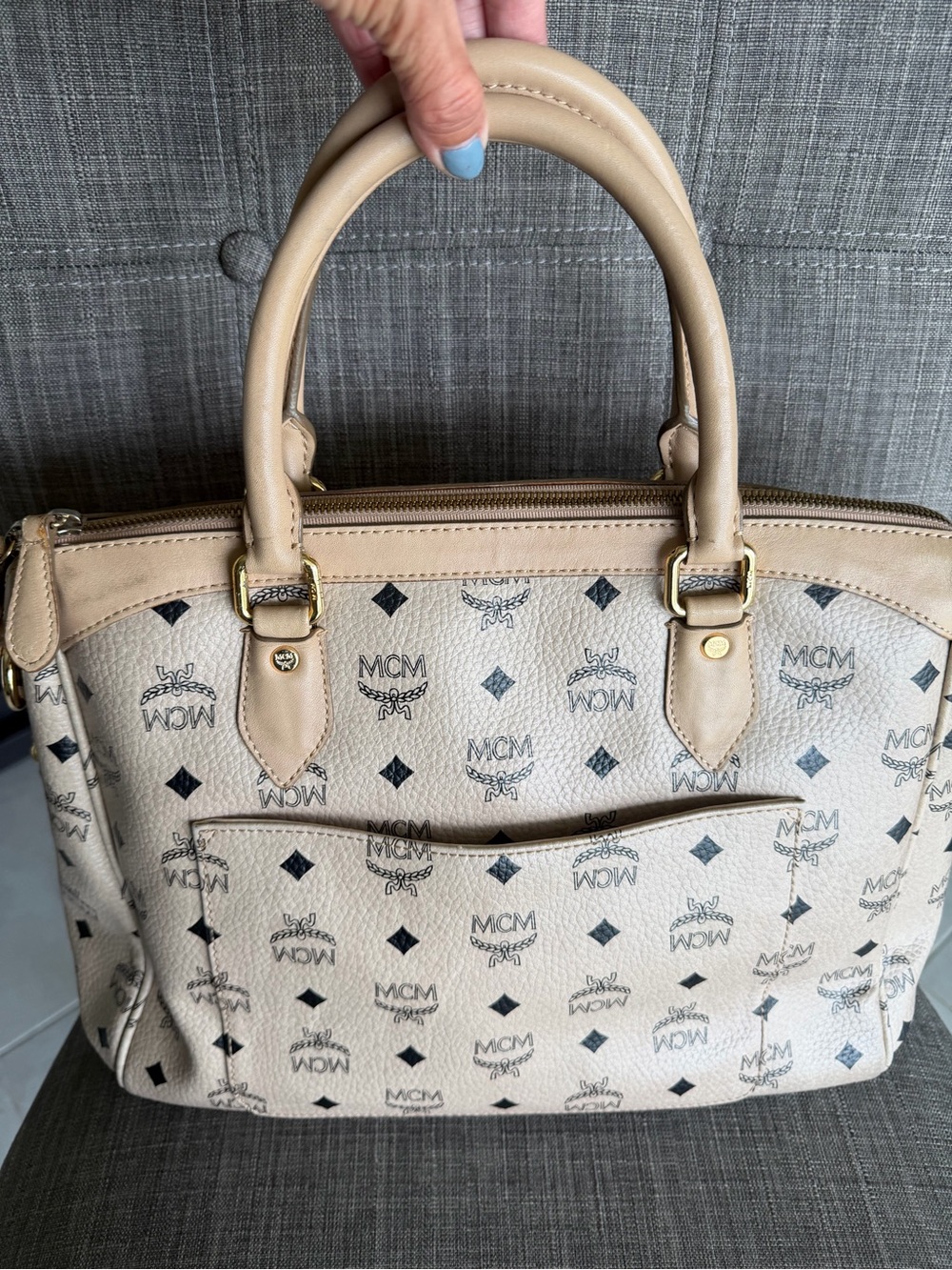 MCM Beige Satchel with Pink and Mint Center Stripe - Picture 5 of 15